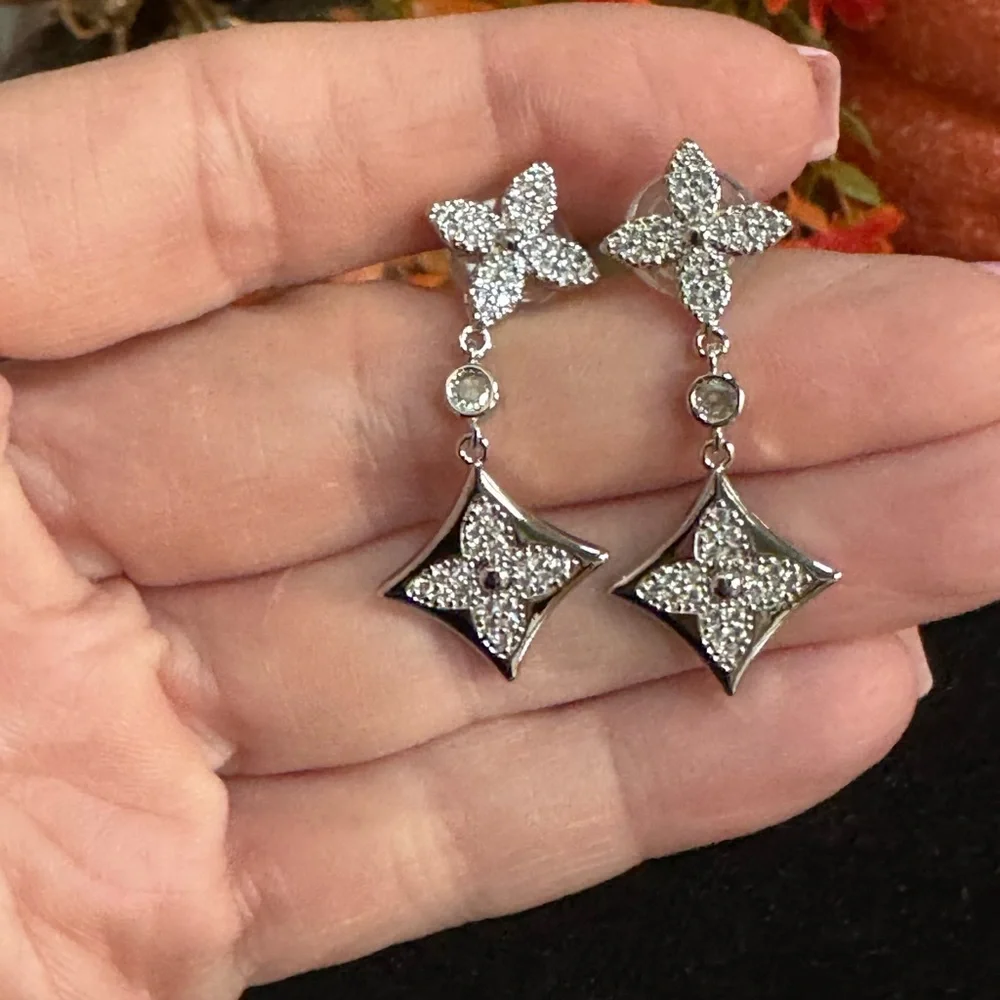 ❤️ Silver‎ Fleur LV Dangle Stainless Steel Earrings